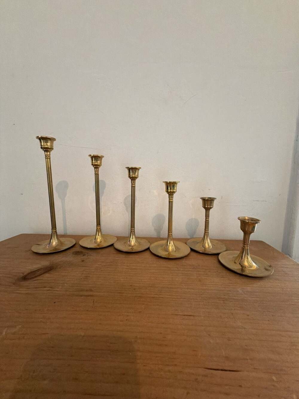 Vintage Mid-Century Modern Solid Brass Graduated Tulip Candlestick Holders Set o